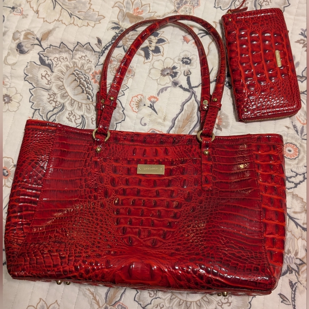 Brahmin red croco tote bag & double handle multi-pocket bag & long zip wallet